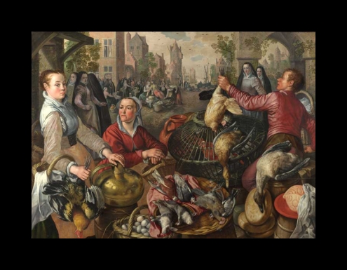 Beuckelaer Painting, The Four Elements, Air, A Poultry Market with the Prodigal Son in the Background