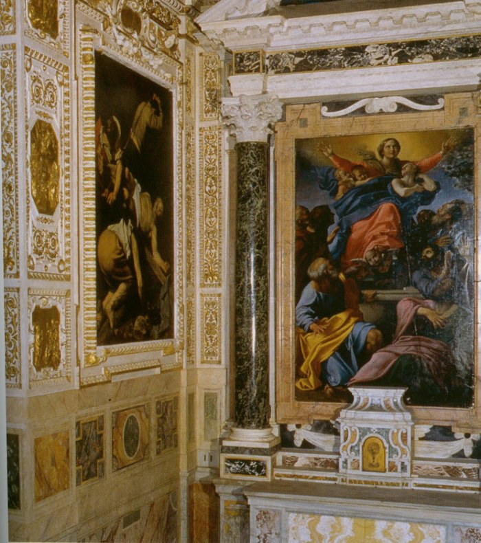 Caravaggio painting, Cerasi Chapel, view from front of Cerasi Chapel, Santa Maria del Popolo, Rome