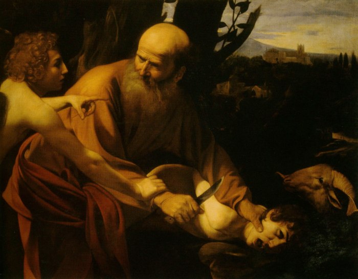 Caravaggio painting, The Sacrifice of Isaac, ca. 1603, oil on canvas, 104 x 135 cm, Galleria degli Uffizi, Florence