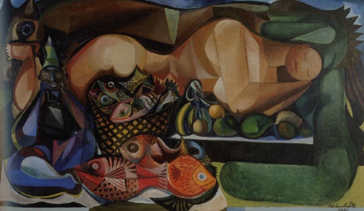 Mulher deitada com peixes e frutas 1956