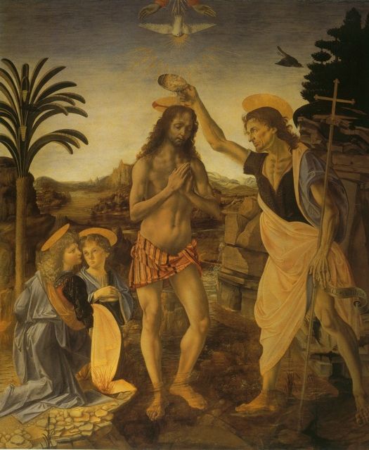 da Vinci, Baptism, by Leonardo da Vinici and Andrea del Verrochio, (ca. 1472-75); Galleria degli, Uffizi, Florence, Italy.