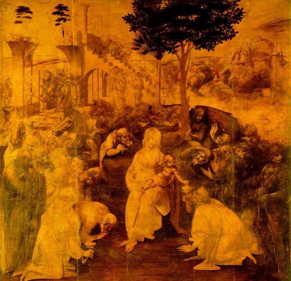 da Vinci, The Adoration of the Magi, 1481, oil on panel, Galleria delgli Uffizi, Florence, Italy.