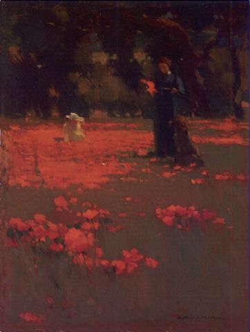 Mathews, Woman and children picking poppies in landscape
