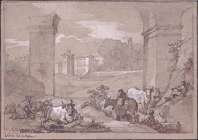 Natoire work, Landscape with Shepherds and their Herds amidst Roman Ruins