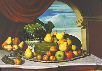 Vanderlyn painting, Still Life Fruit in a Neoclassical Setting