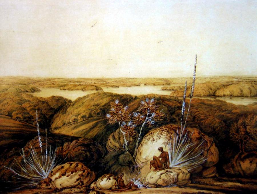 Distant View of the Town of Sydney, from Between Port Jackson and Botany Bay, by William Westall