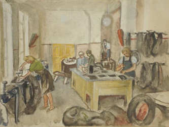 5. Car tire repair workshop. 1944-48. Watercolor. 