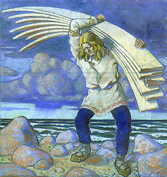 3. Kalevipoeg laudu kandmas (illustration of epic poem of Estonia). 1914. Pastel. 